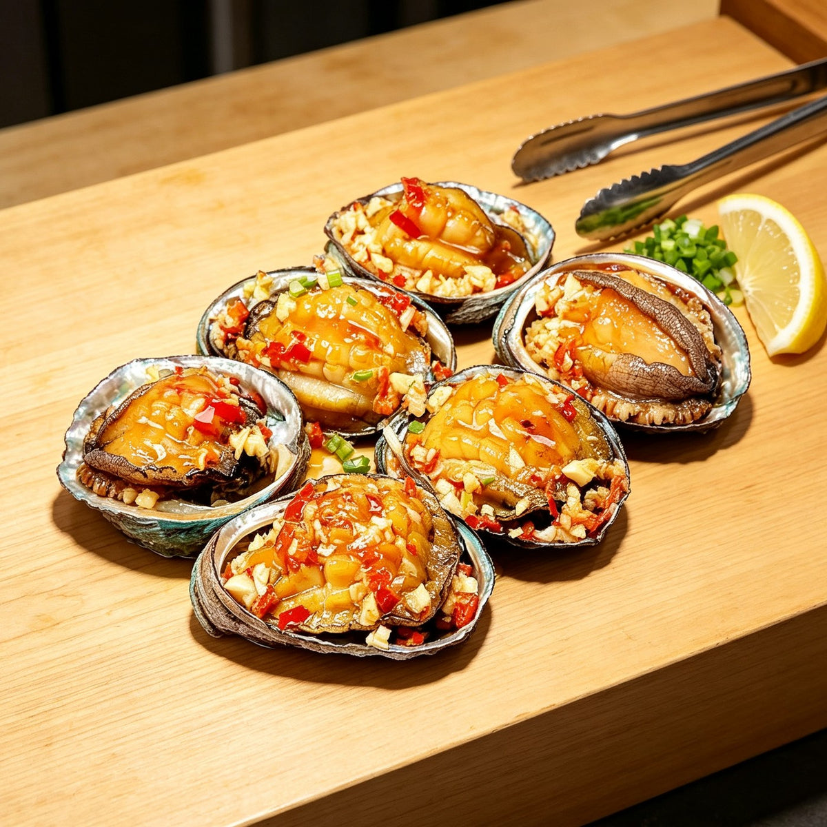 Plump abalone in shells dressed with garlic, chilli and spring onion