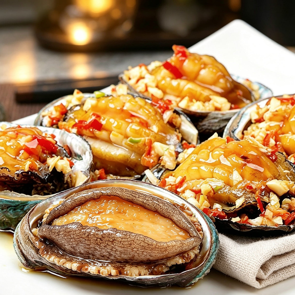 Plump abalone in shells dressed with garlic, chilli and spring onion