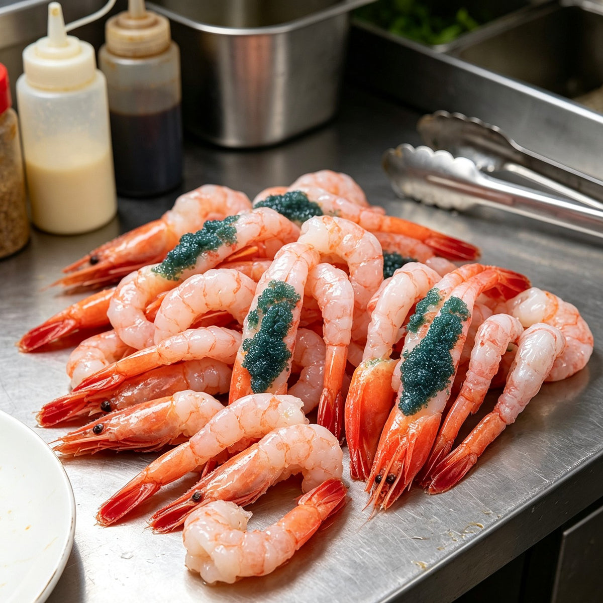 Pink shrimp topped with truffle caviar on a serving plate