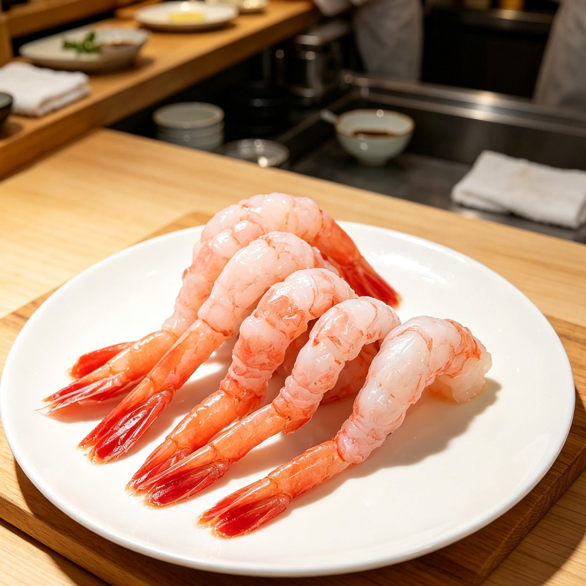 Pink shrimp topped with truffle caviar on a serving plate