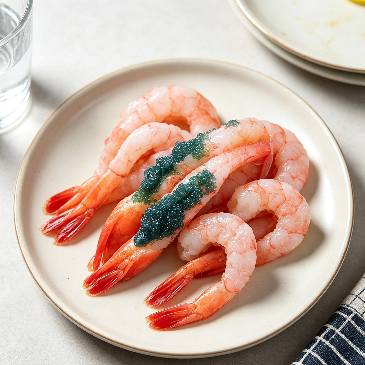 Pink shrimp topped with truffle caviar on a serving plate
