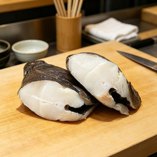 Fresh white fish fillets with dark skin, cut into neat portions