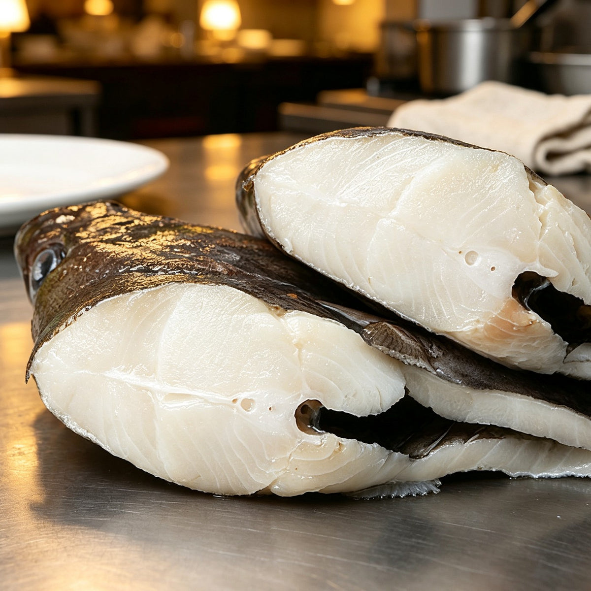 Fresh white fish fillets with dark skin, cut into neat portions