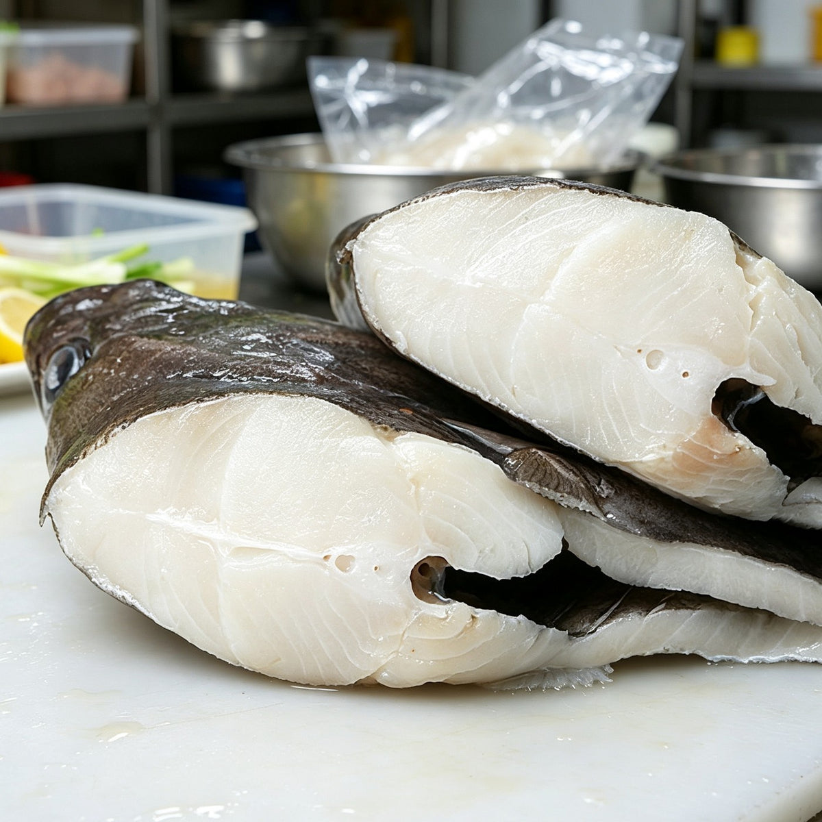 Fresh white fish fillets with dark skin, cut into neat portions