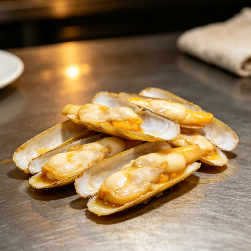 Fresh razor clams with elongated shells and pale orange flesh