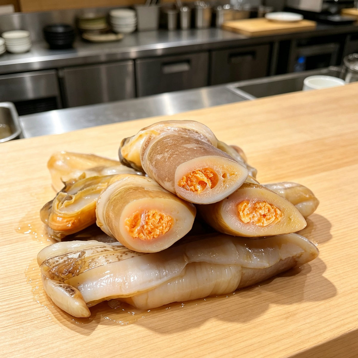 Fresh razor clams with elongated shells and pale orange flesh