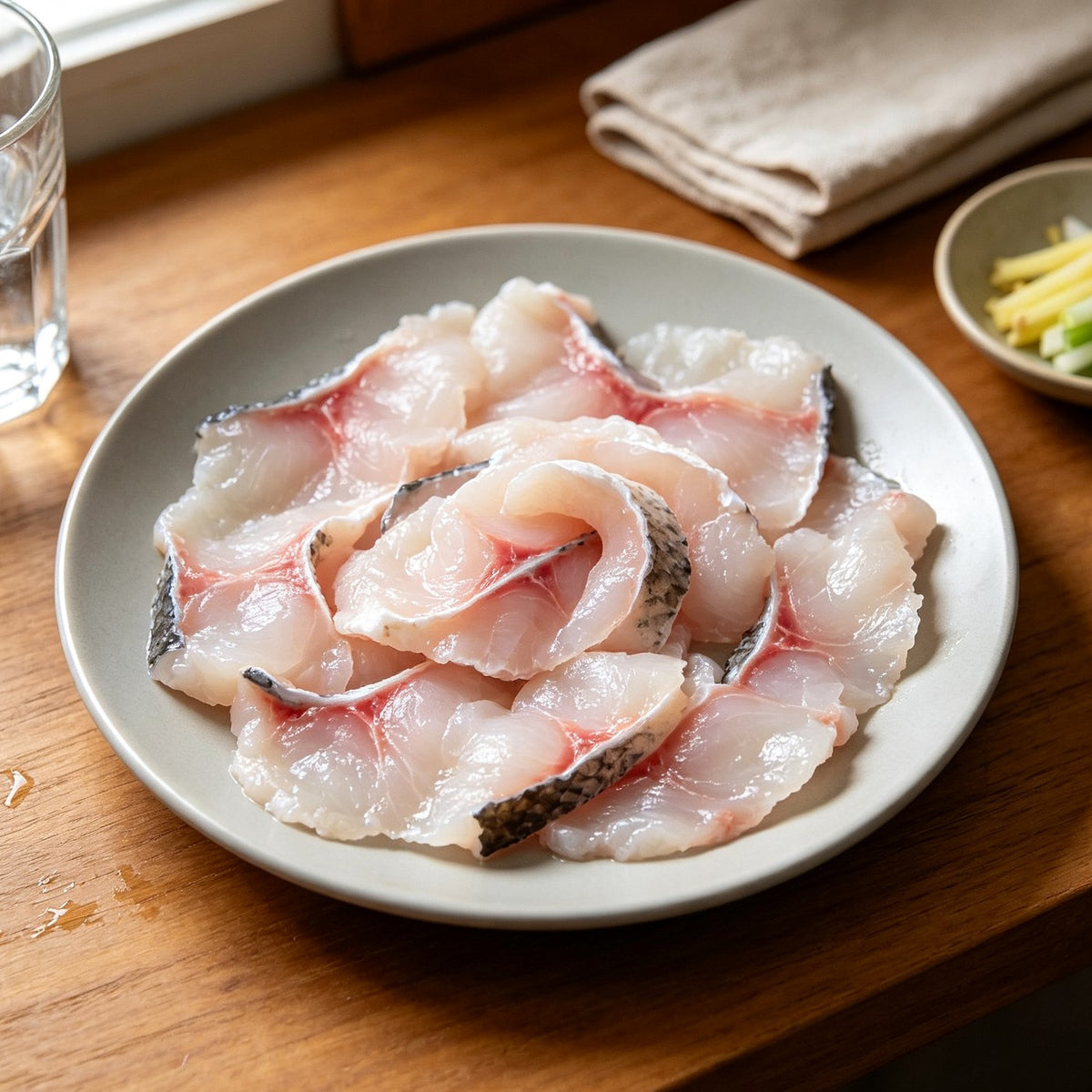 Thin slices of fresh fish fillet arranged on a plate