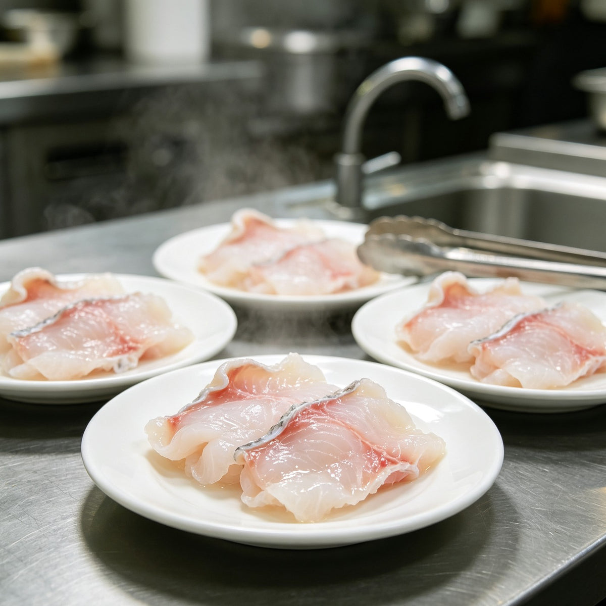 Thin slices of fresh fish fillet arranged on a plate