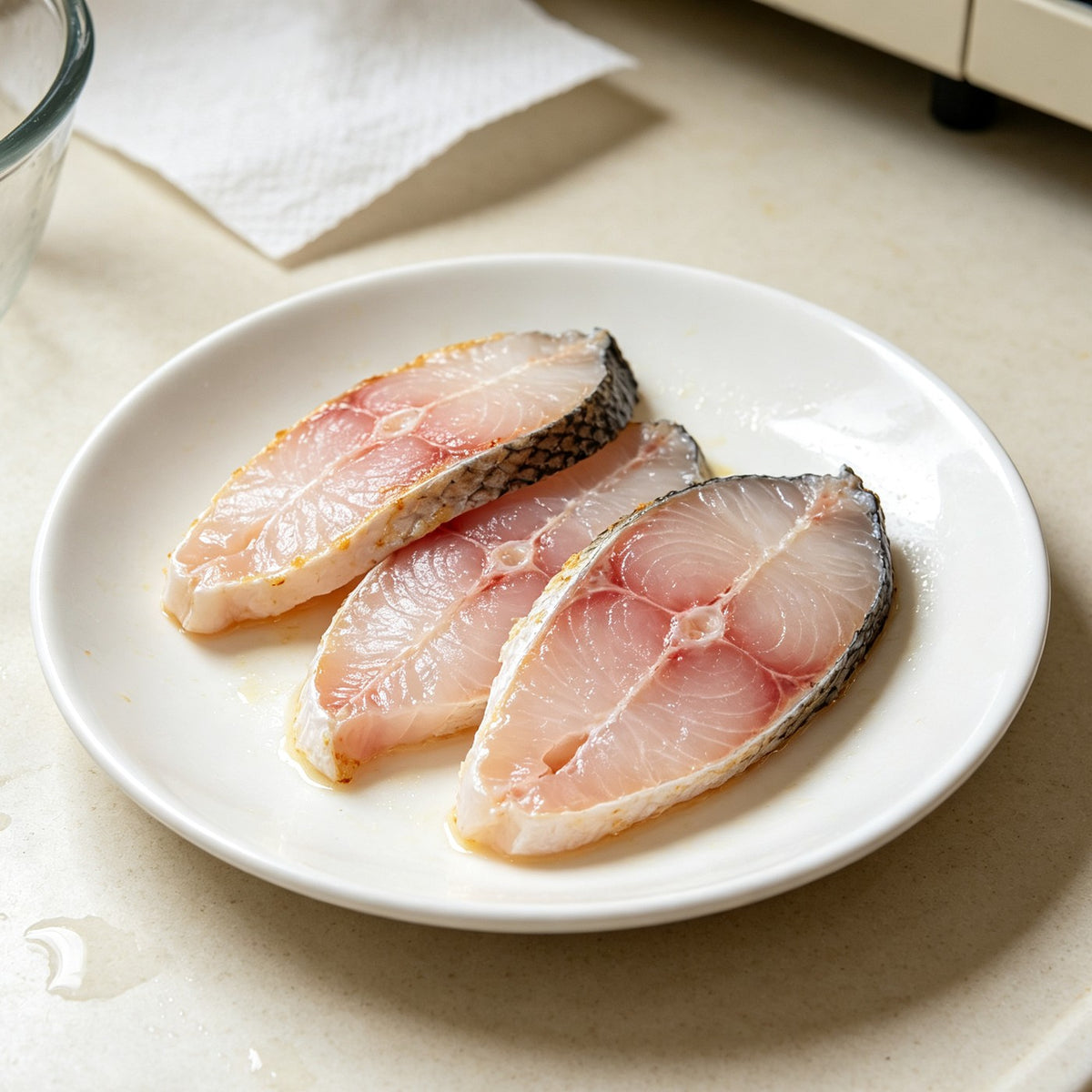 Thin slices of fresh fish fillet arranged on a plate