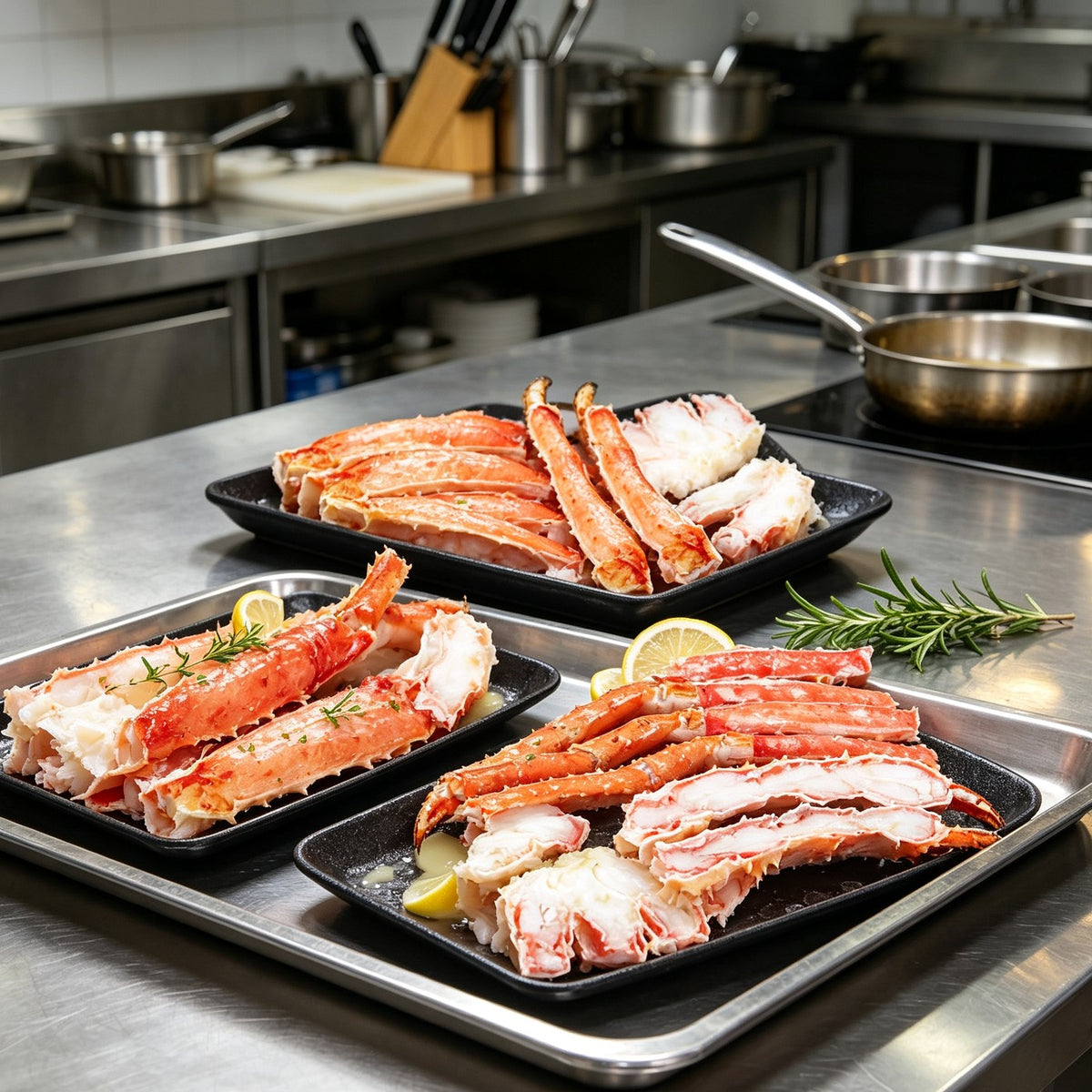 Jumbo king crab legs with lemon and rosemary on a serving tray