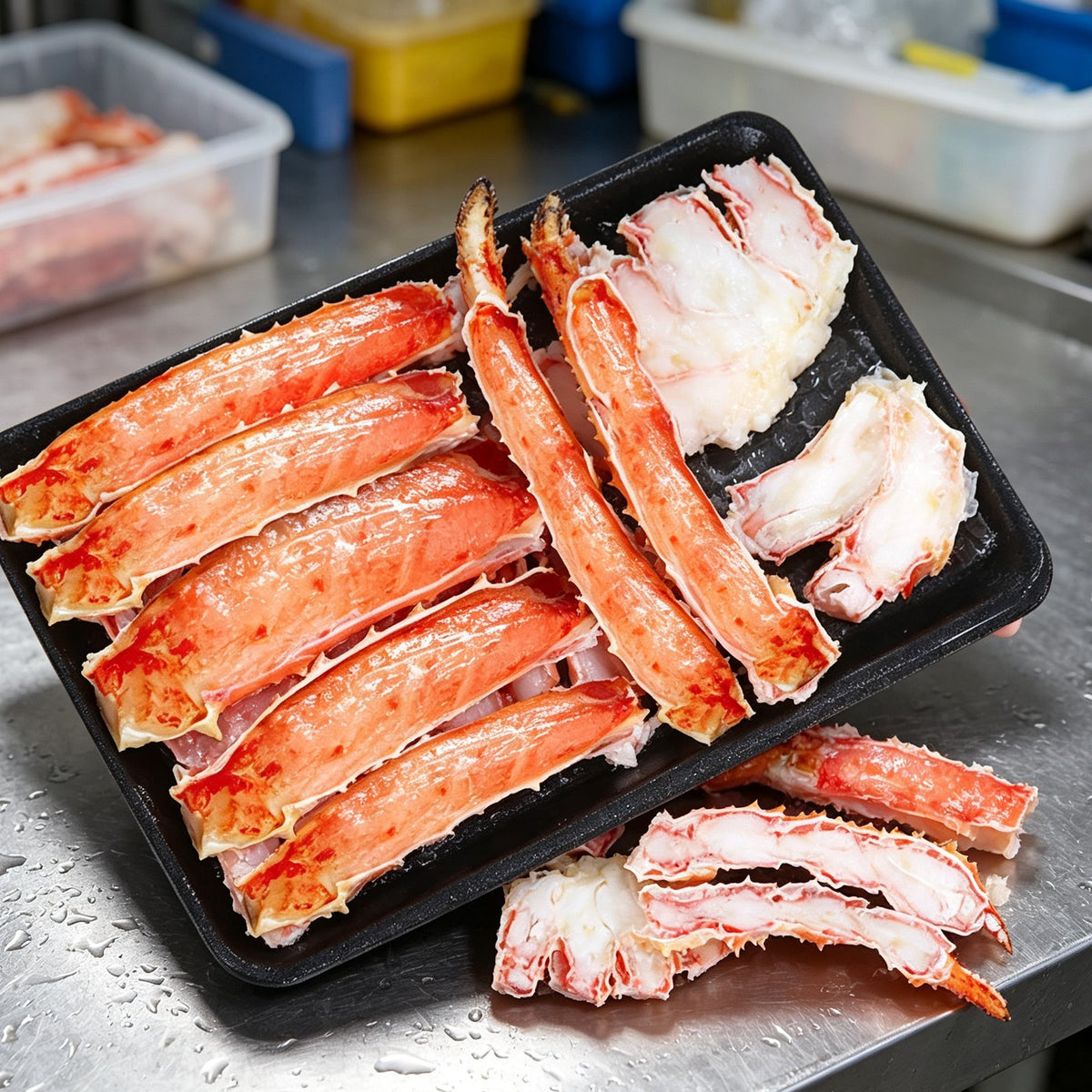Jumbo king crab legs with lemon and rosemary on a serving tray