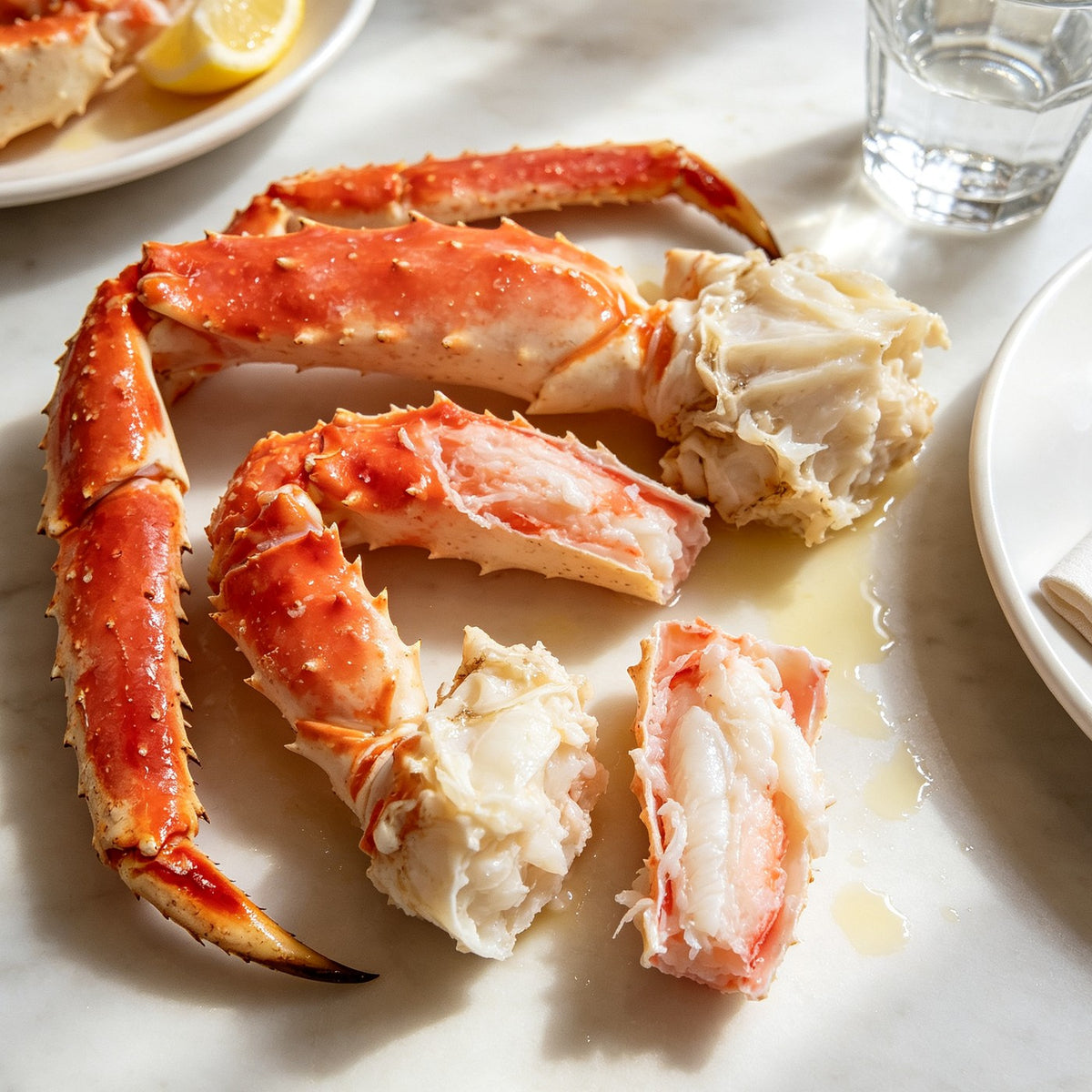 Jumbo king crab legs with lemon and rosemary on a serving tray