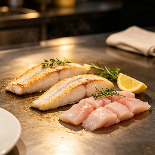 Fresh fish fillets plated with lemon slices and herbs