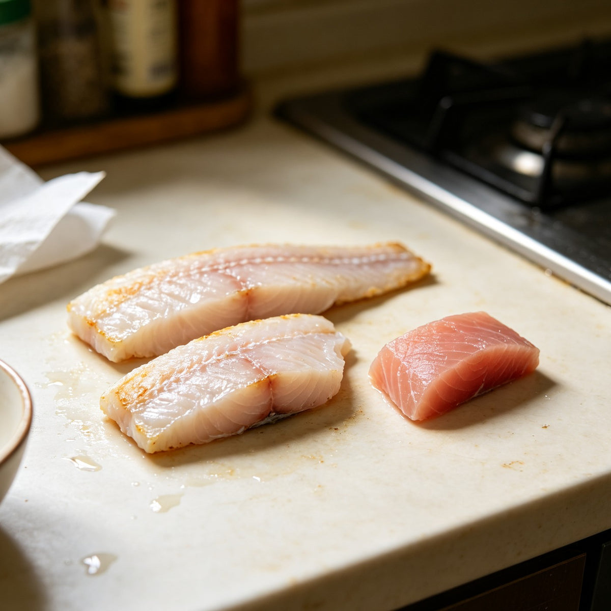 Fresh fish fillets plated with lemon slices and herbs