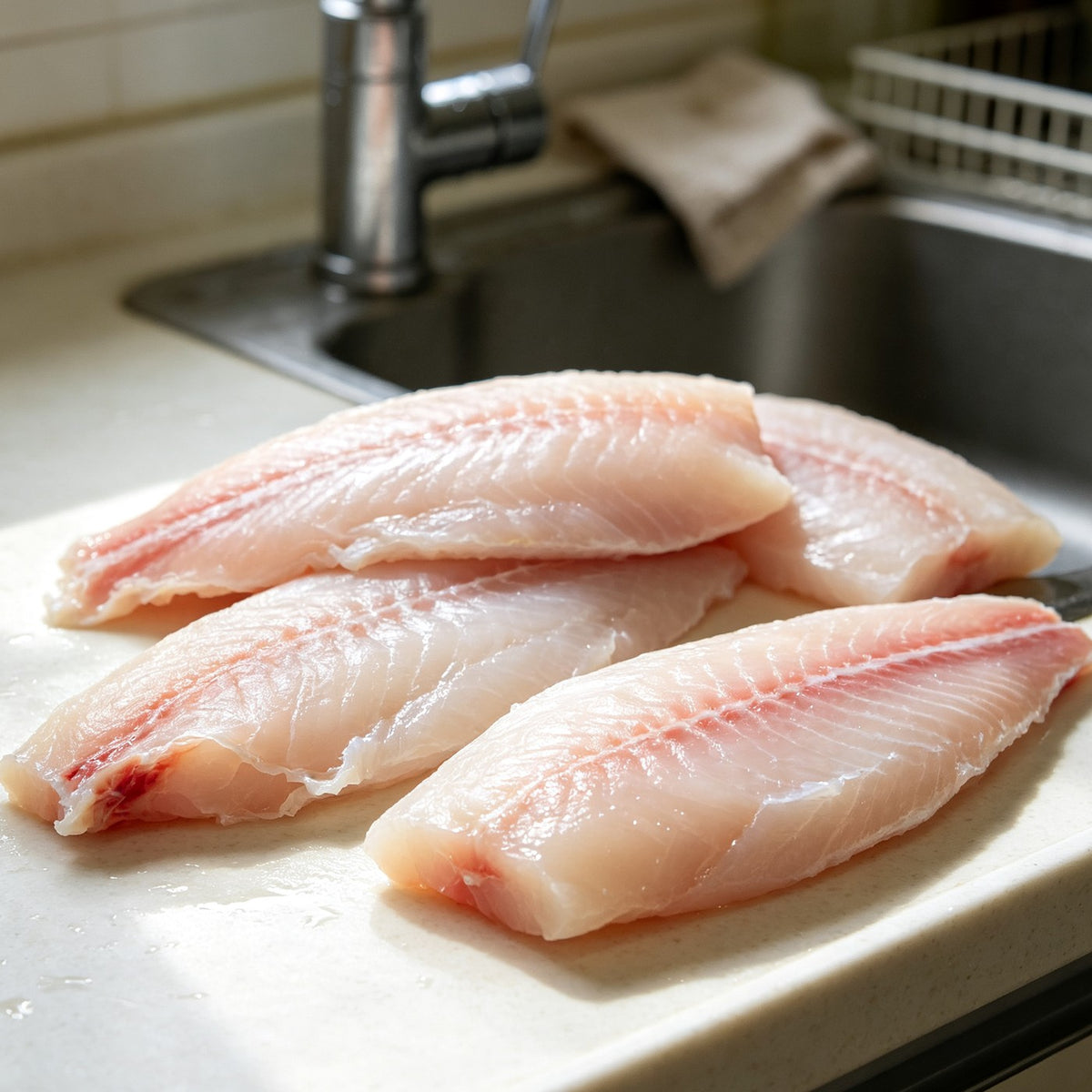 Fresh fish fillets plated with lemon slices and herbs